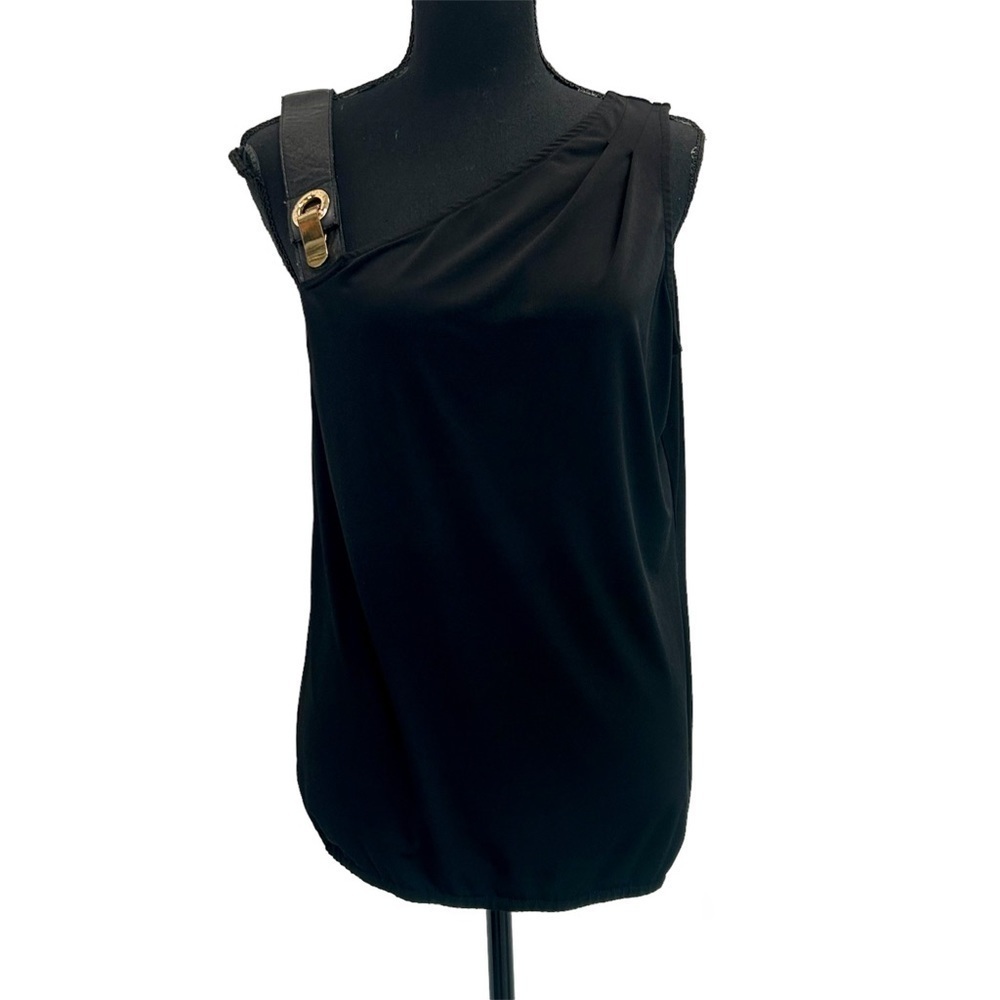 MICHAEL Michael Kors black asymmetrical shoulder faux leather strap blouse Sz M